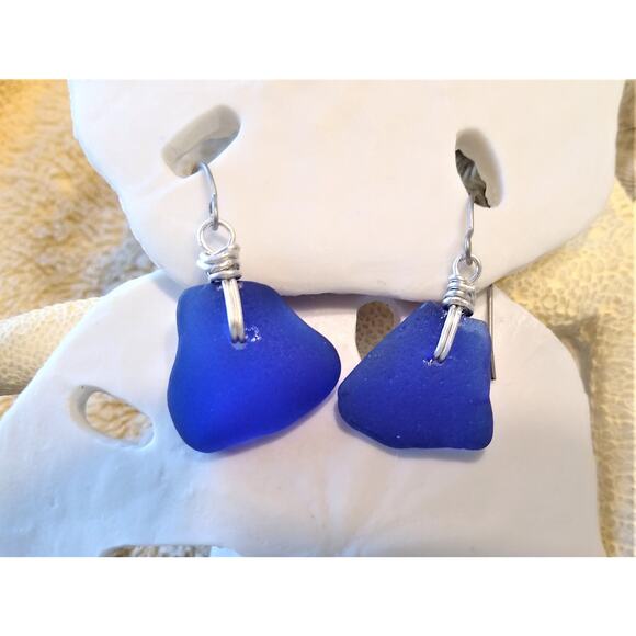 Seaglass Cobalt Blue Knot Earrings Handmade Sterling Titanium Sea Glass Beach - Picture 3 of 5